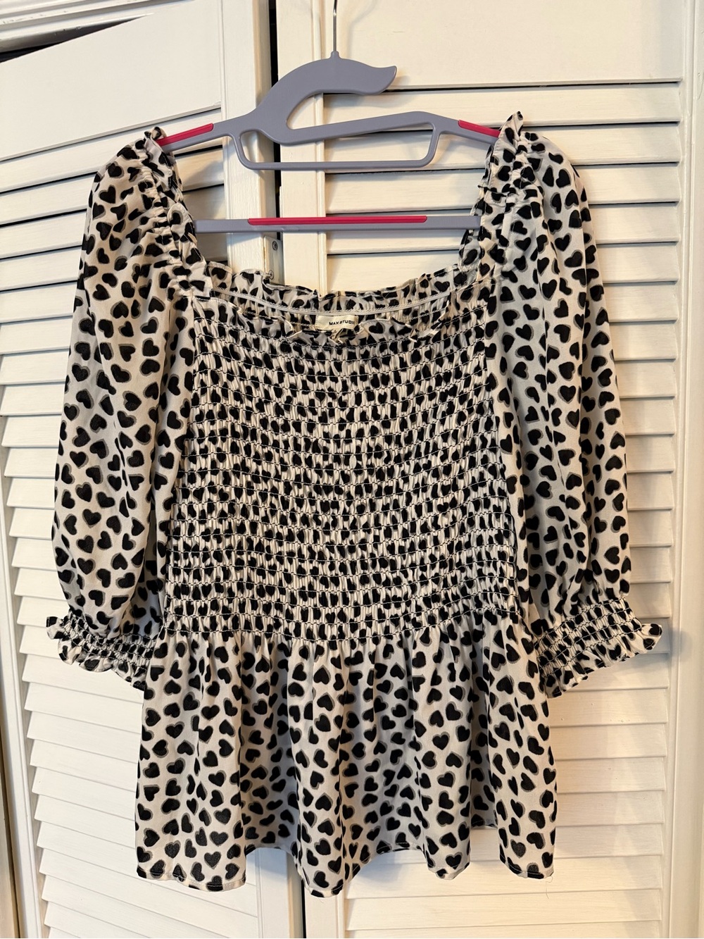Max Studio Cream Top with Black Heart Print Smocking